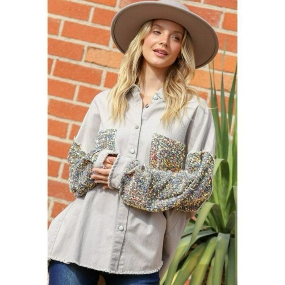 NWT Fantastic Fawn Light Grey Sequin Sleeve Shacket Oversized Jacket size S - Picture 9 of 16